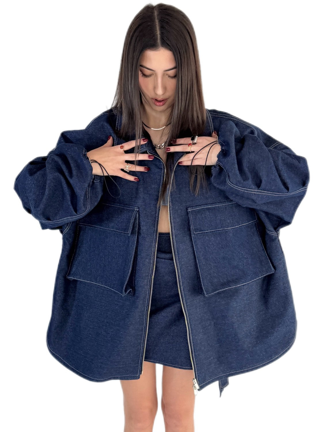 Oversized sweatshirt jacket in dark denim