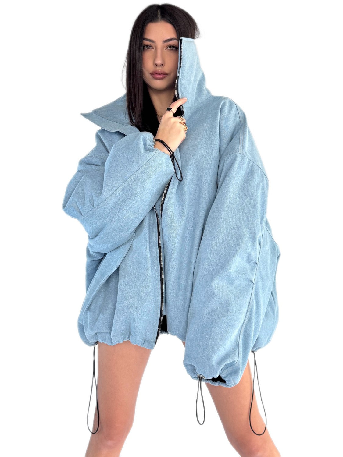 Light blue oversized denim bomber jacket