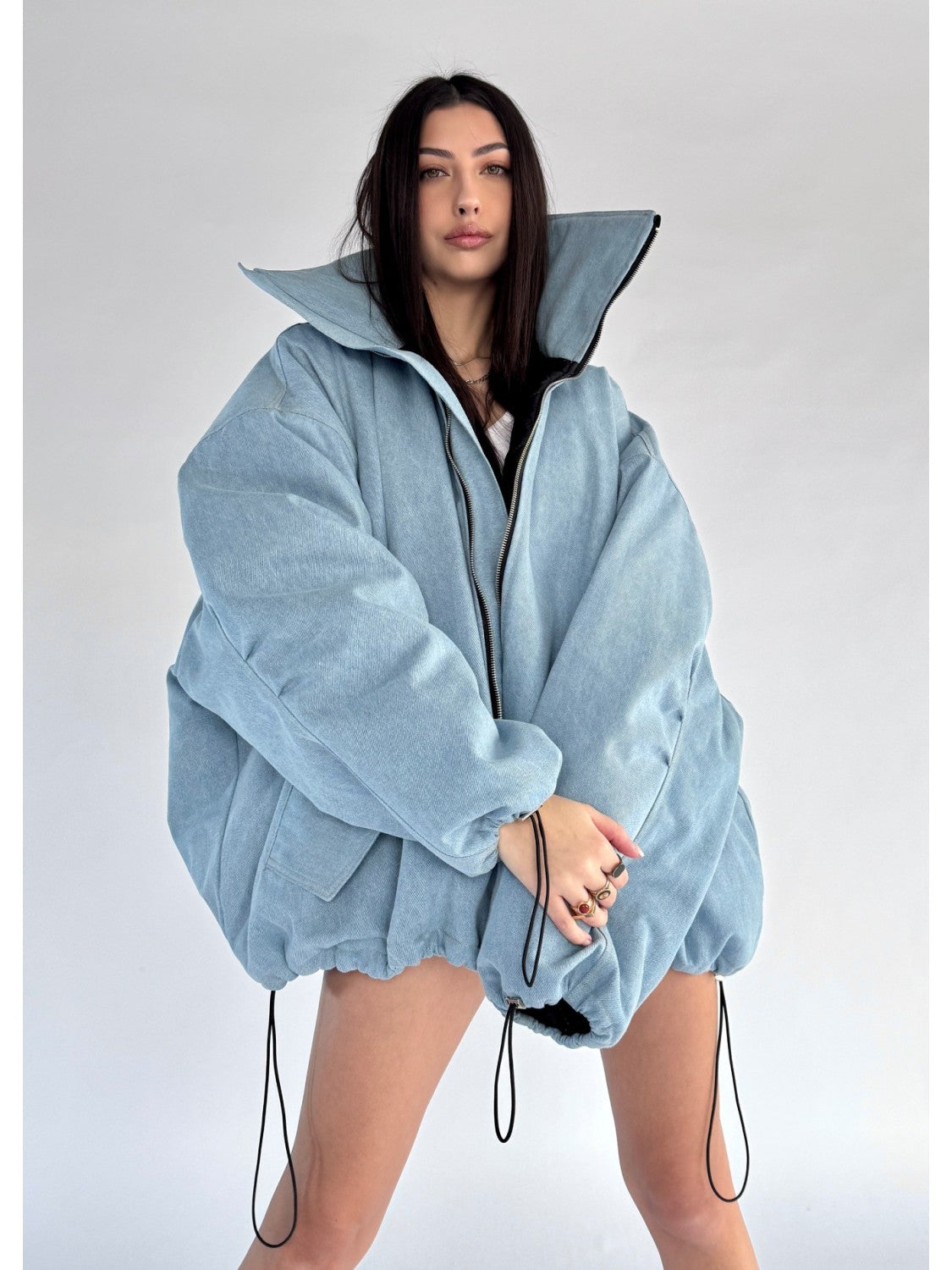 Light blue oversized denim bomber jacket